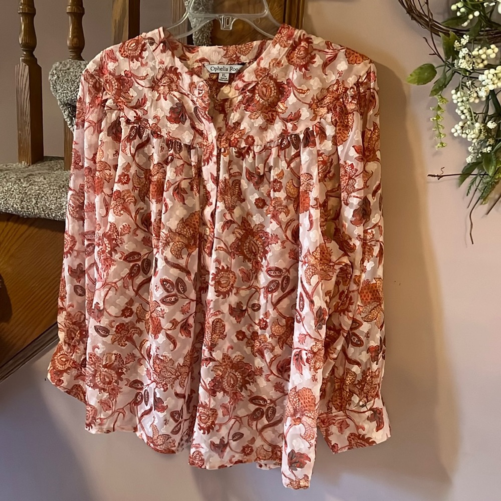 Ophelia Roe festive and feminine button down top.
